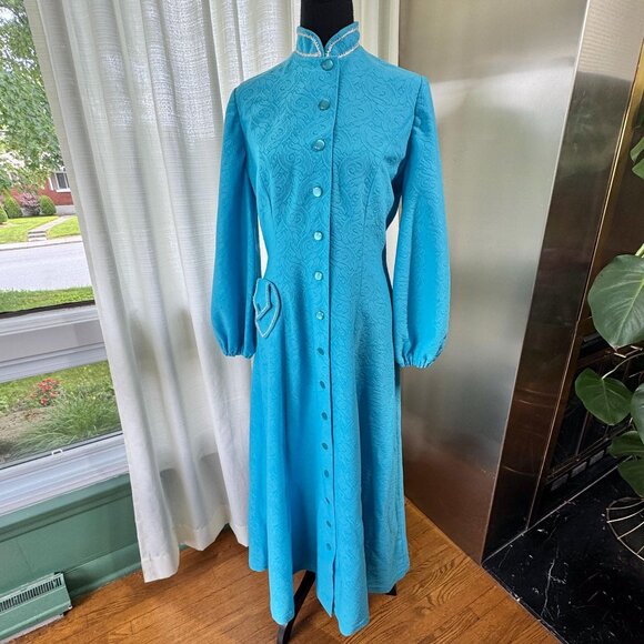 Vintage 1960s dress, turquoise blue, coat-style maxi duster, mandarin collar - Picture 1 of 10